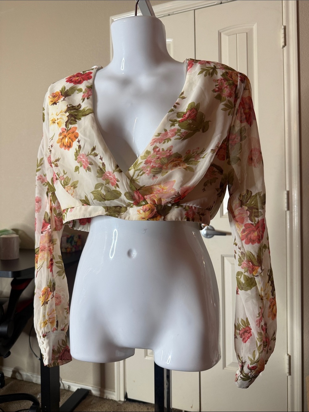 2 pc set New Floral Wrap Cropped Blouse - Cream with Pink & Green Floral